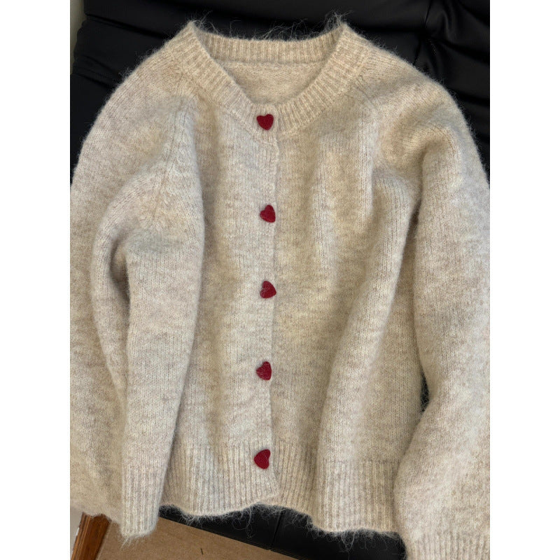 Gray With Heart Button Sweater Coat Women's Loose