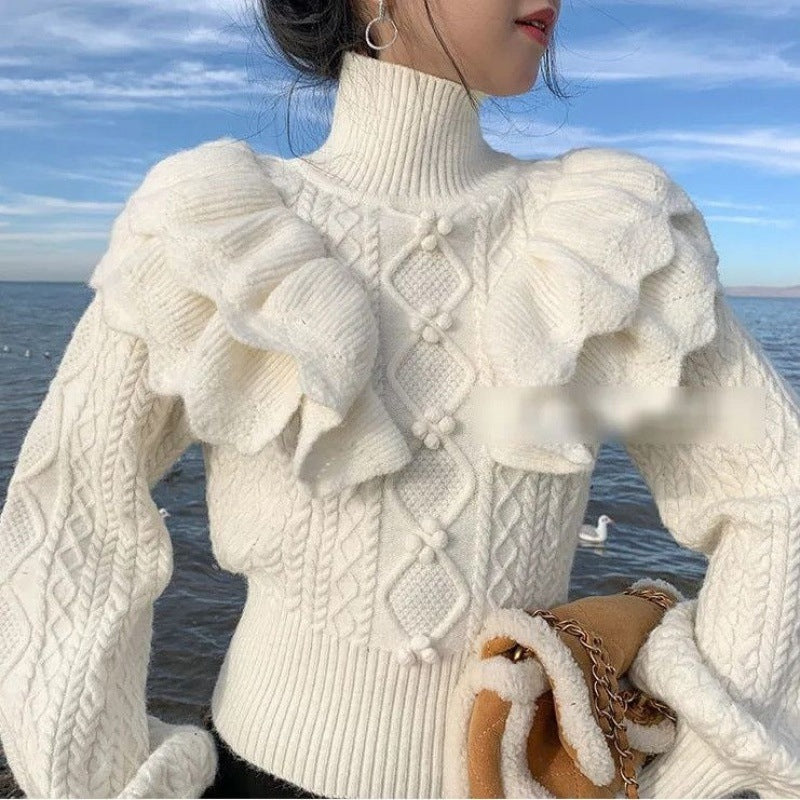 Pullover Knitted Top Ruffled Thick Turtleneck Sweater