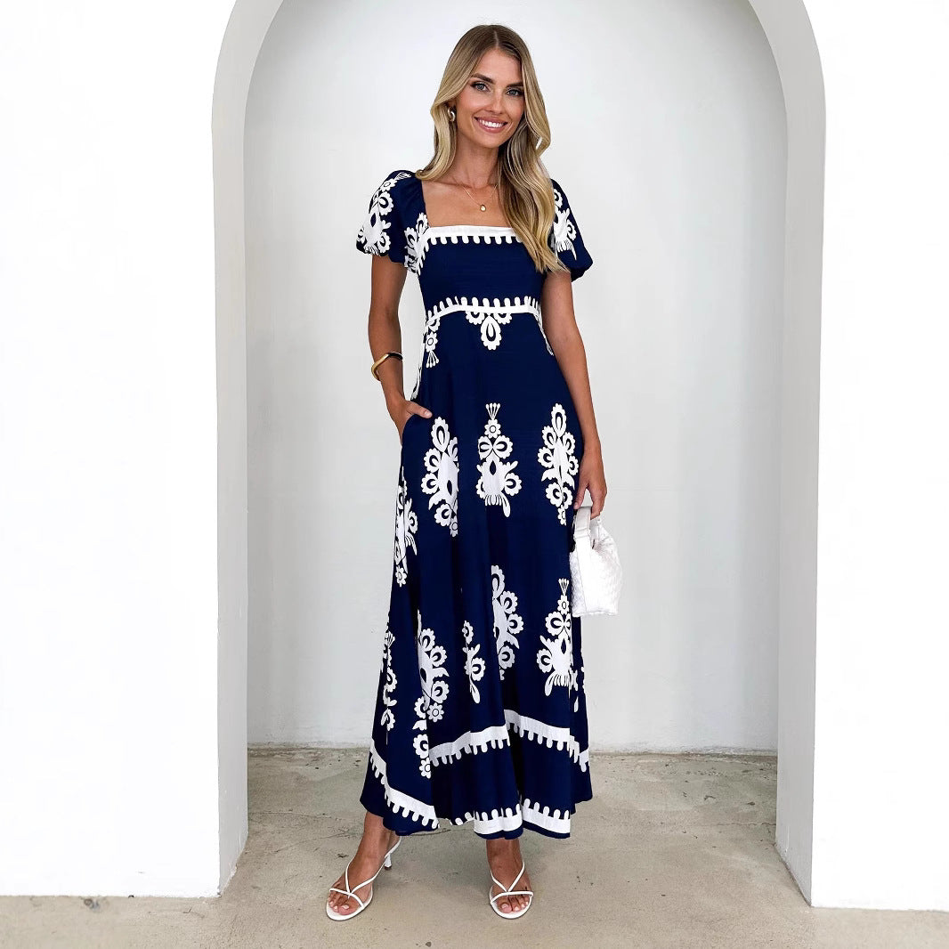 Vacation Style Printed Beach Dress Smocking Dress Women