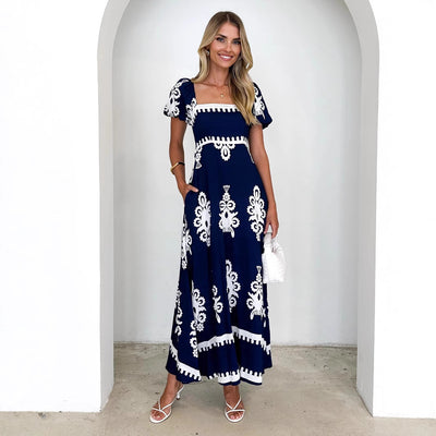 Vacation Style Printed Beach Dress Smocking Dress Women