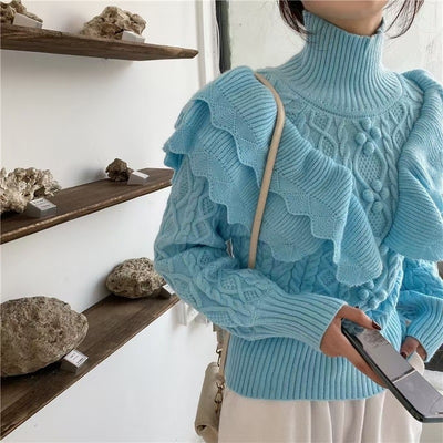 Pullover Knitted Top Ruffled Thick Turtleneck Sweater
