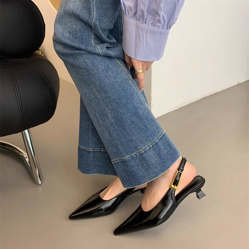 Thin Low Heel Strap Pointed Leather Shoes