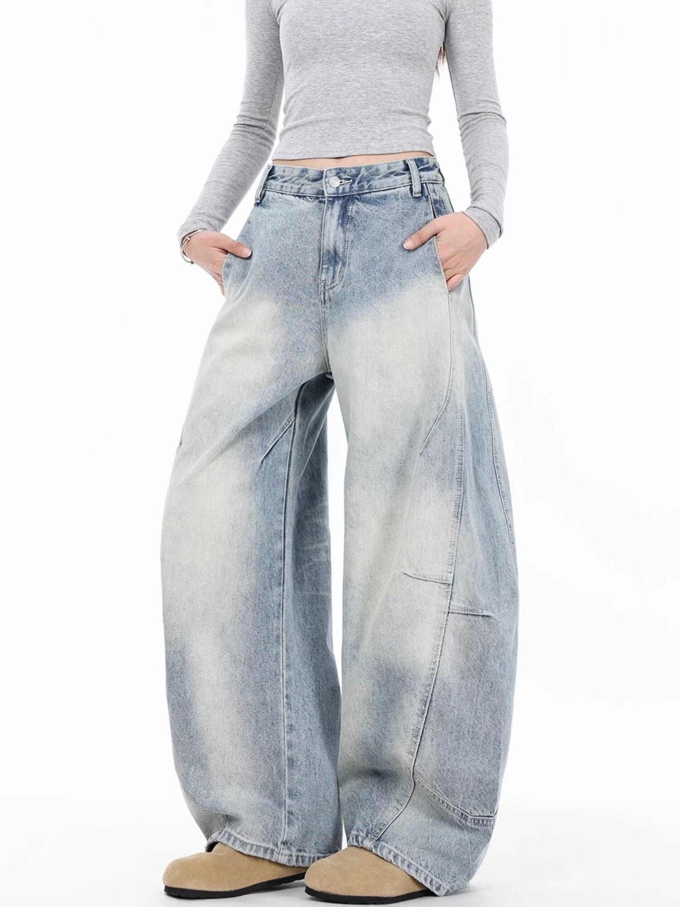 Vintage Distressed Straight Wide Leg Jeans