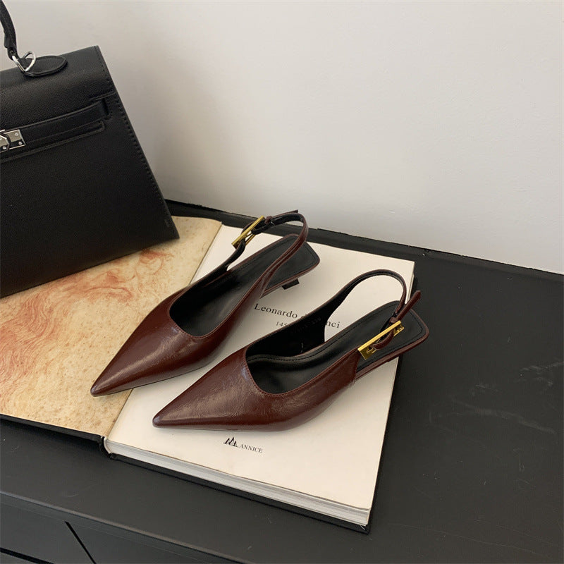 Thin Low Heel Strap Pointed Leather Shoes