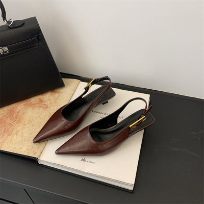 Thin Low Heel Strap Pointed Leather Shoes