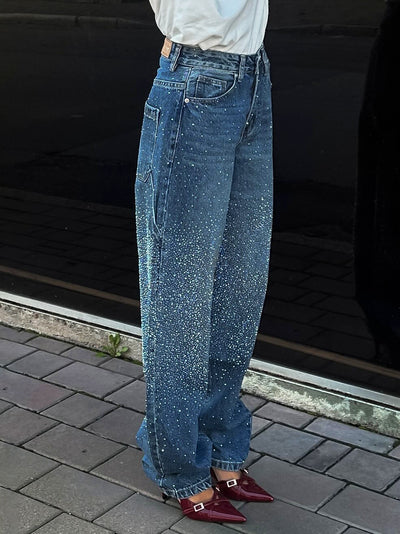 Starry Sky Rhinestone Denim Female Autumn Straight Pants
