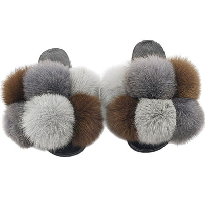 Fox Fur Ball Slippers For Outer Wear