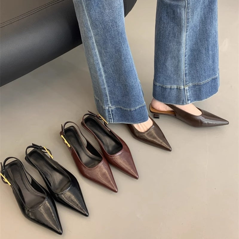 Thin Low Heel Strap Pointed Leather Shoes