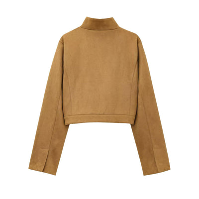 Versatile Stand Collar Long Sleeve Short Zip Suede Jacket