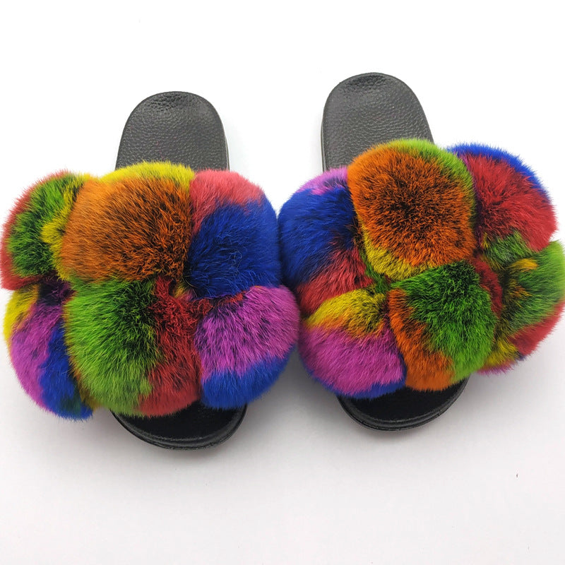 Fox Fur Ball Slippers For Outer Wear