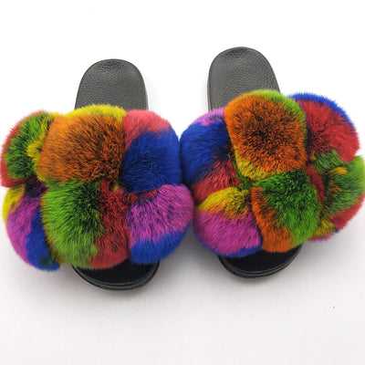 Fox Fur Ball Slippers For Outer Wear