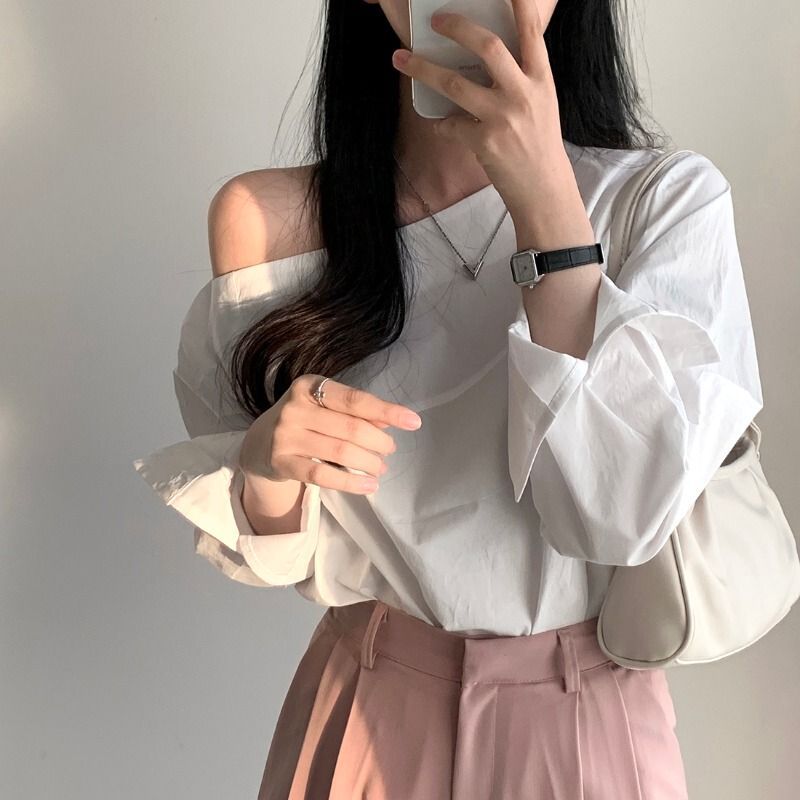 Single-side Off-shoulder Loose Long-sleeved Shirt Women's Top