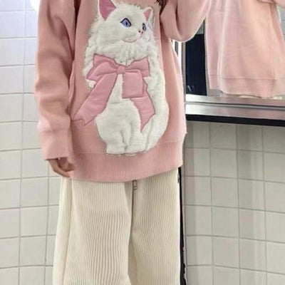 Autumn And Winter Thickening Sweater Dopamine Wear Salt Cute Flocking Cat Design Sweet Girl Style