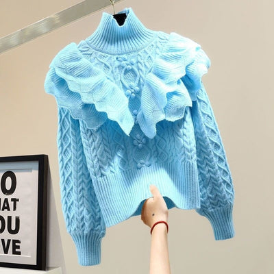 Pullover Knitted Top Ruffled Thick Turtleneck Sweater