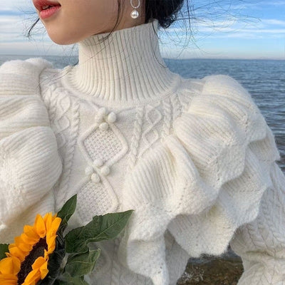 Pullover Knitted Top Ruffled Thick Turtleneck Sweater