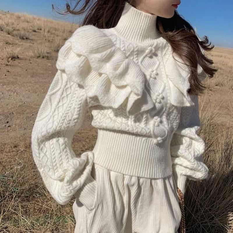 Pullover Knitted Top Ruffled Thick Turtleneck Sweater