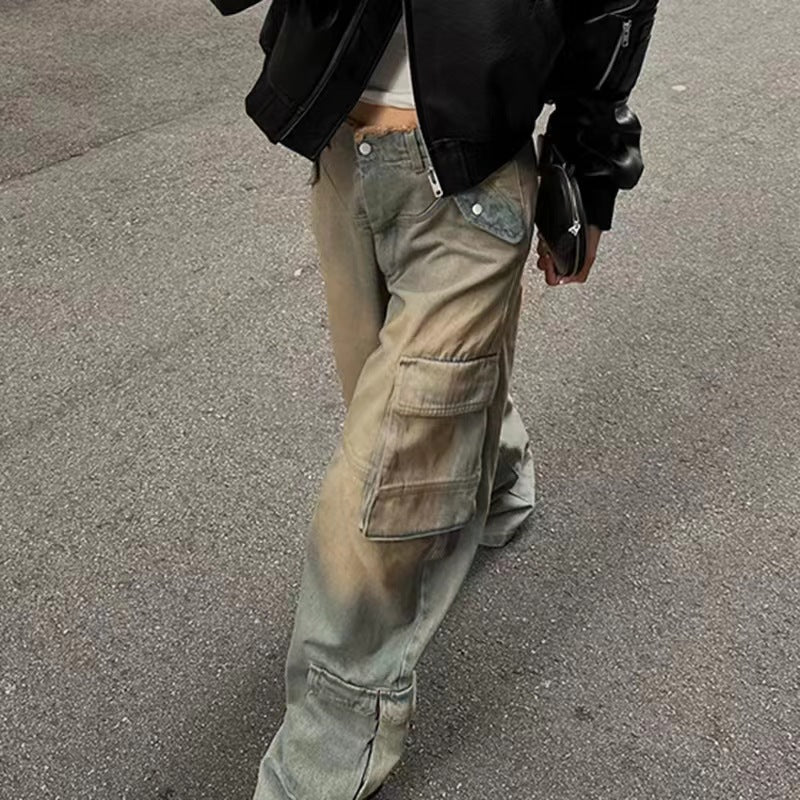 Retro Worn Looking Washed-out Low Waist Loose Pockets Stitching Edging Jeans