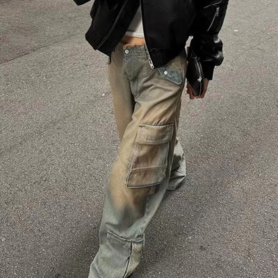 Retro Worn Looking Washed-out Low Waist Loose Pockets Stitching Edging Jeans