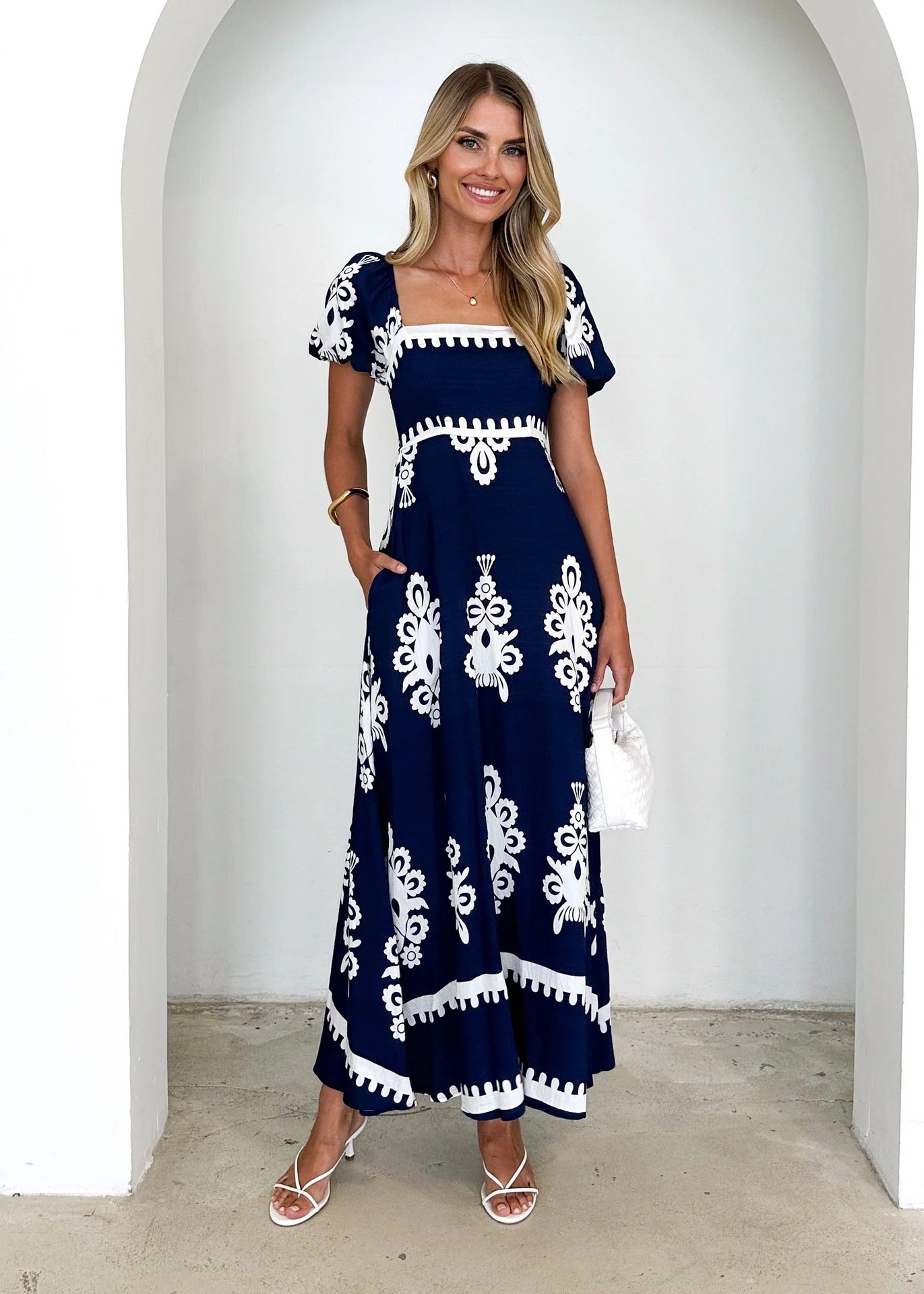 Vacation Style Printed Beach Dress Smocking Dress Women