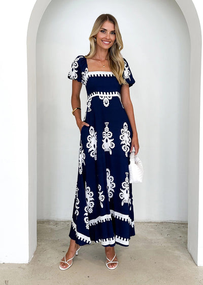 Vacation Style Printed Beach Dress Smocking Dress Women