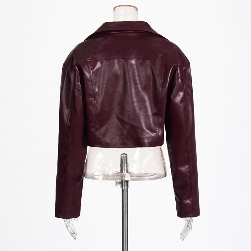 Patchwork Pocket Cropped Leather Coat Women
