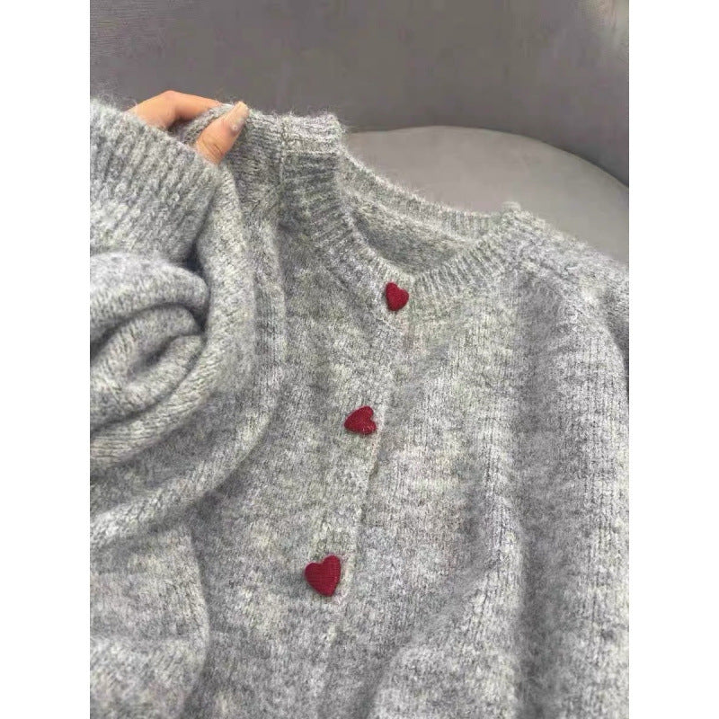 Gray With Heart Button Sweater Coat Women's Loose