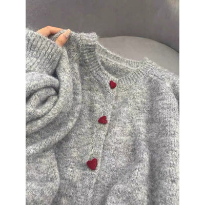 Gray With Heart Button Sweater Coat Women's Loose