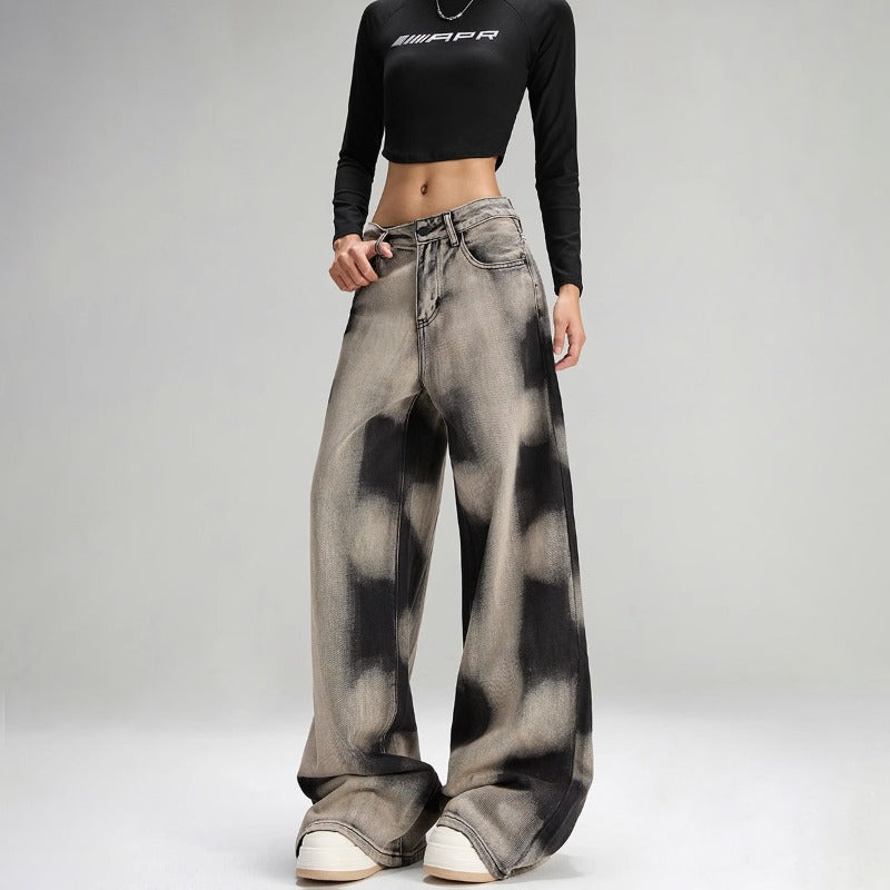 Pants Women's Design Sense Niche Street Vibe Retro Loose Tie-dyed Wide-leg Jeans
