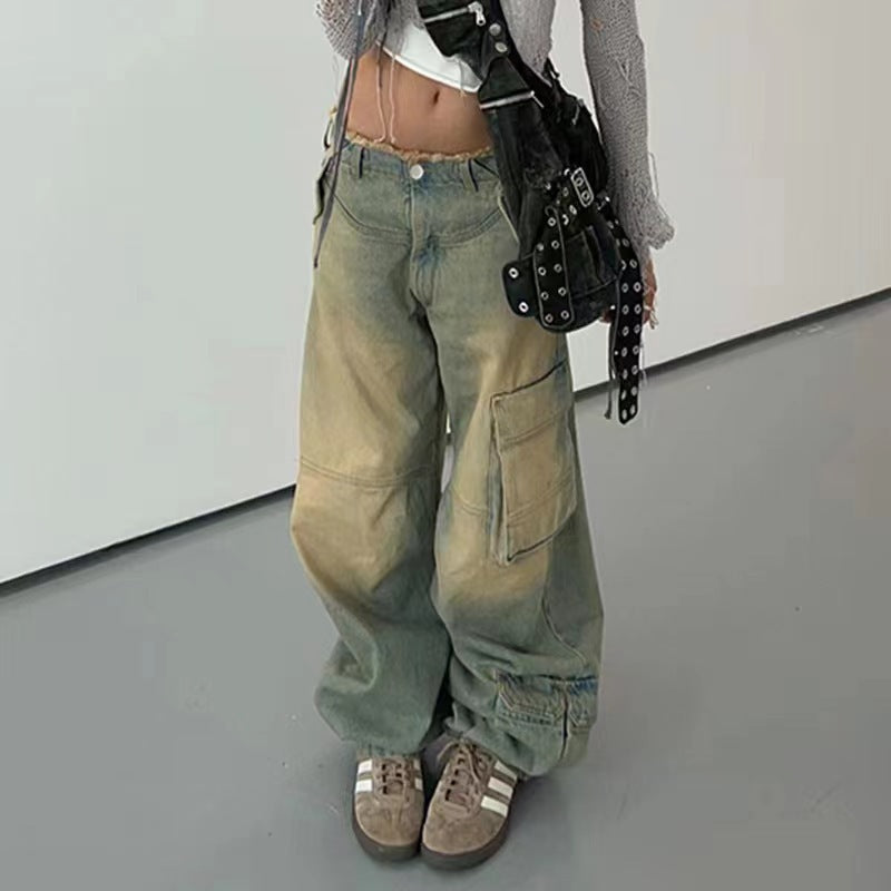 Retro Worn Looking Washed-out Low Waist Loose Pockets Stitching Edging Jeans