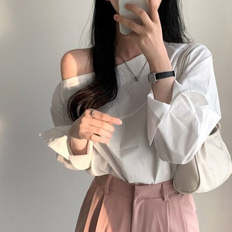 Single-side Off-shoulder Loose Long-sleeved Shirt Women's Top