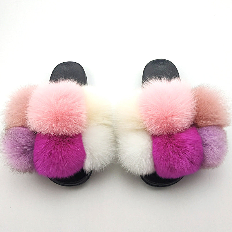 Fox Fur Ball Slippers For Outer Wear