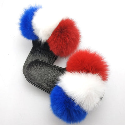 Fox Fur Ball Slippers For Outer Wear