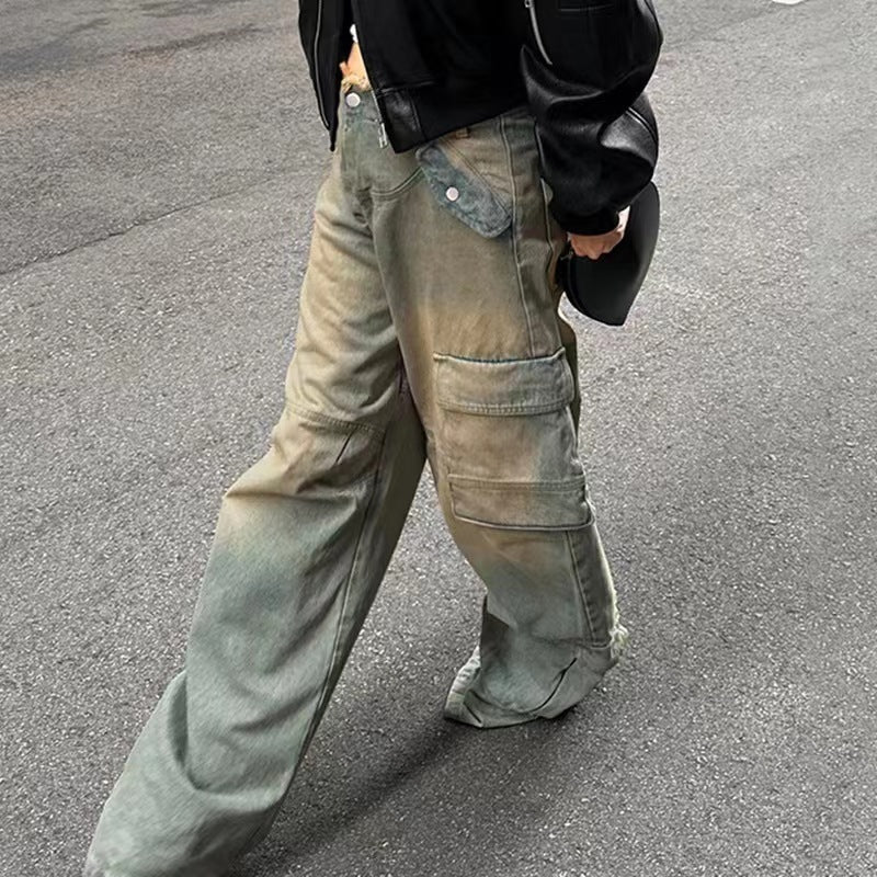 Retro Worn Looking Washed-out Low Waist Loose Pockets Stitching Edging Jeans
