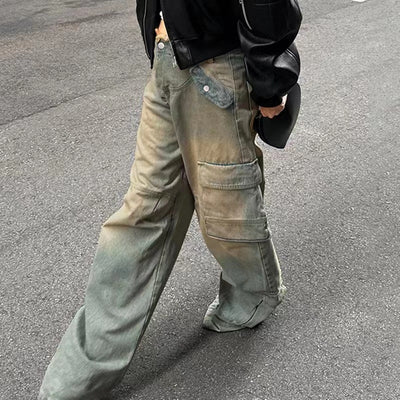 Retro Worn Looking Washed-out Low Waist Loose Pockets Stitching Edging Jeans