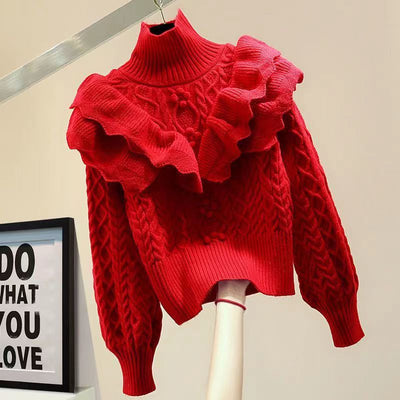 Pullover Knitted Top Ruffled Thick Turtleneck Sweater