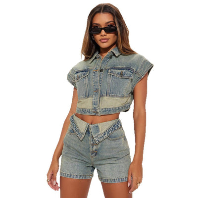 European And American Fashion Casual Denim Color Matching Two-piece Women's Clothing