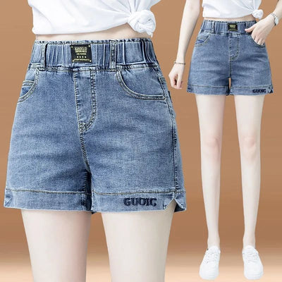 High Waist Denim Shorts Women Elastic Wide Leg