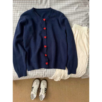 Gray With Heart Button Sweater Coat Women's Loose