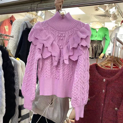 Pullover Knitted Top Ruffled Thick Turtleneck Sweater
