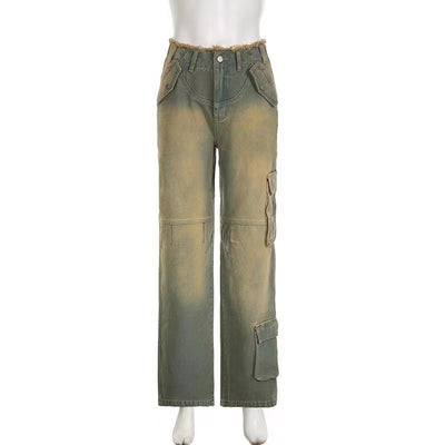 Retro Worn Looking Washed-out Low Waist Loose Pockets Stitching Edging Jeans