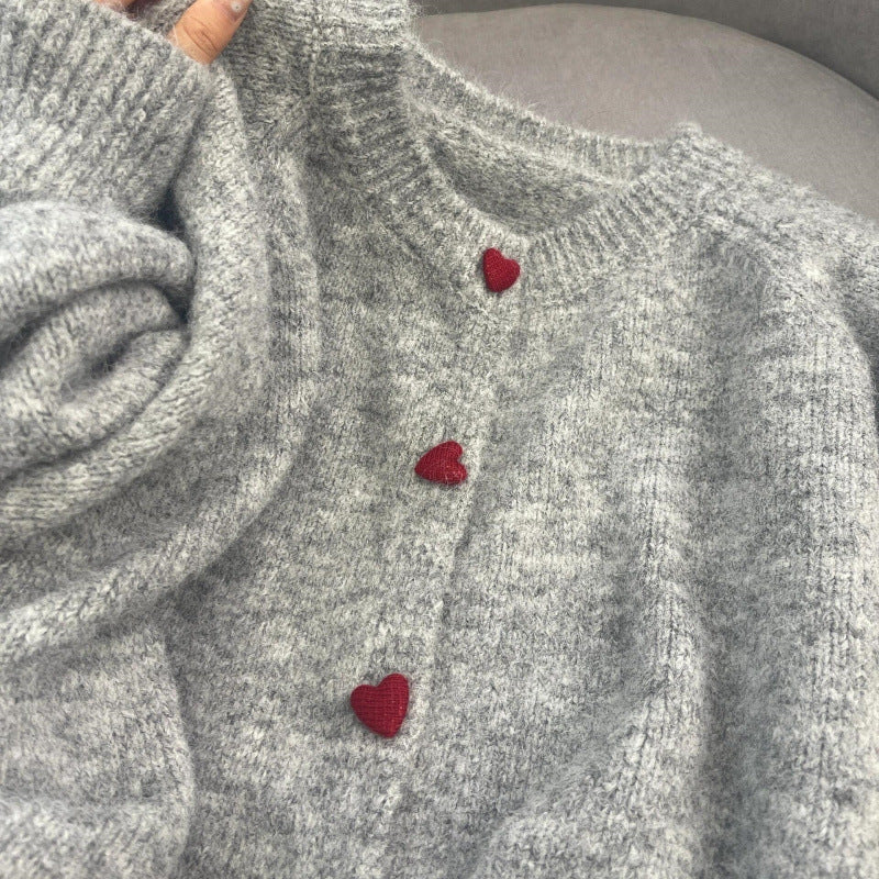 Gray With Heart Button Sweater Coat Women's Loose