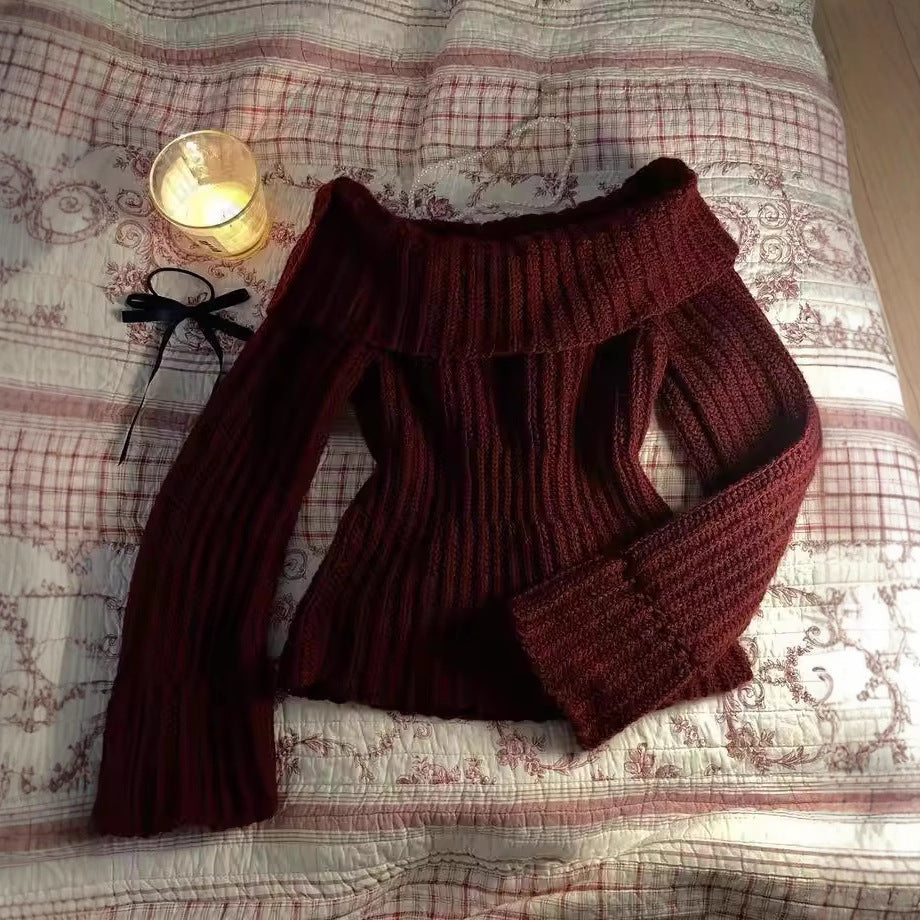 Women's Fashionable Off-neck Slim-fit Vintage Sweater