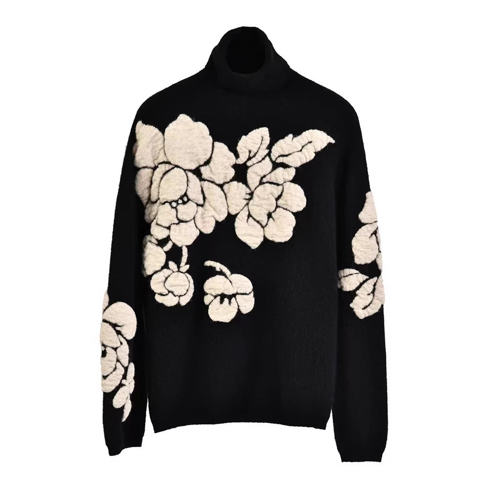Three-dimensional Flower Jacquard Turtleneck Retro Loose Knitted Sweater