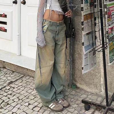 Retro Worn Looking Washed-out Low Waist Loose Pockets Stitching Edging Jeans