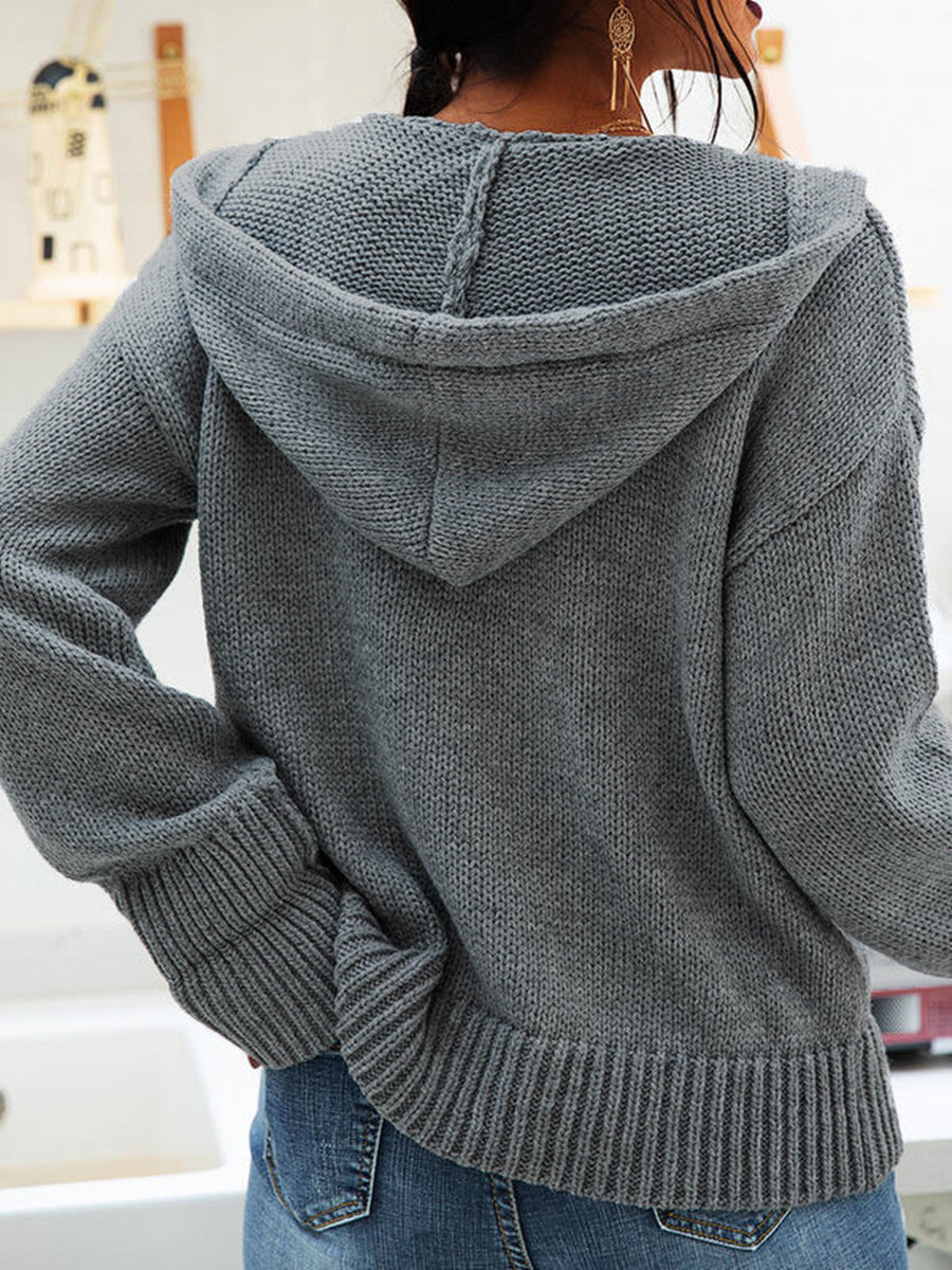 Hooded Knitted Long-sleeved Breasted Cardigan Drawstring Sweater