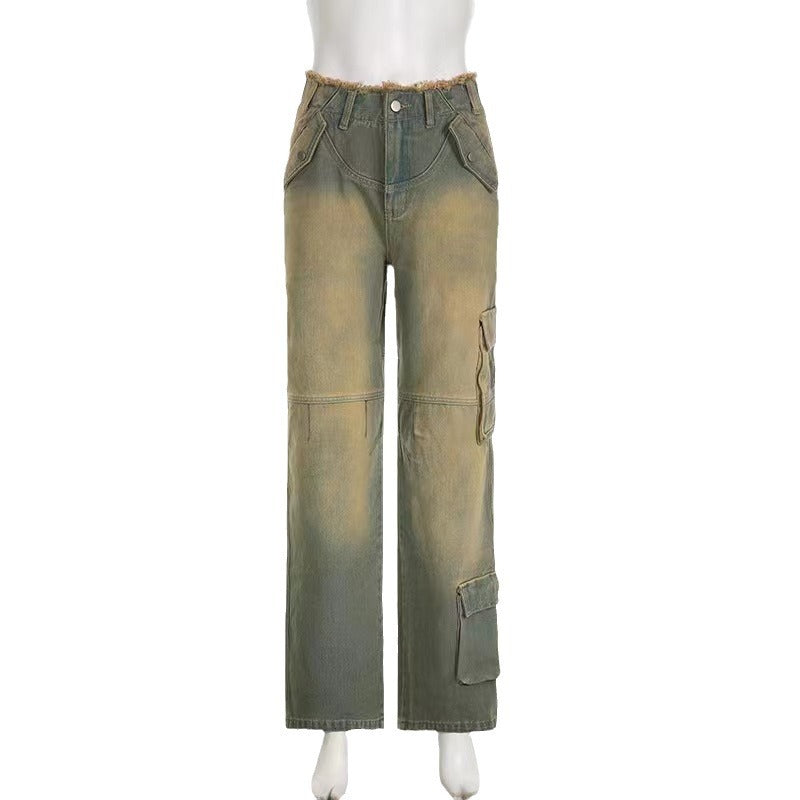 Retro Worn Looking Washed-out Low Waist Loose Pockets Stitching Edging Jeans