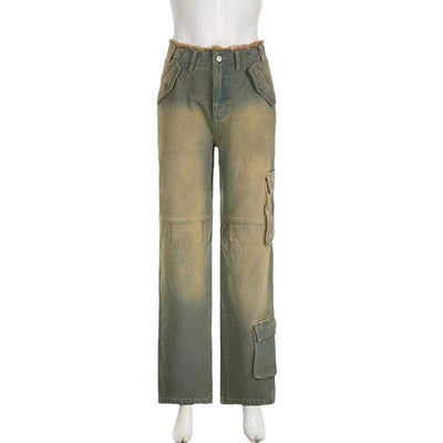 Retro Worn Looking Washed-out Low Waist Loose Pockets Stitching Edging Jeans