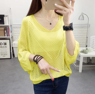 Hollow-out Short-sleeved Loose Knitted Shirt V-neck