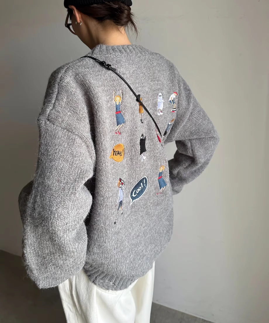 Gray Sweater Women's Loose Cartoon Embroidery Knitted Top