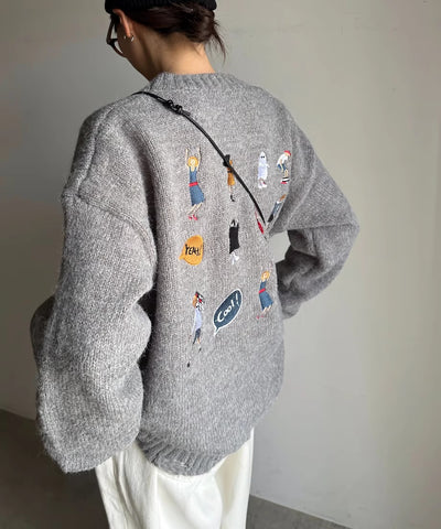Gray Sweater Women's Loose Cartoon Embroidery Knitted Top